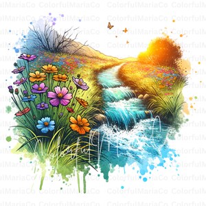 Wild nature with creek PNG,Landscape Clip Art, Watercolor creek, Forest Landscape Digital Download, Nature Scrapbooking Paper Crafts JPG