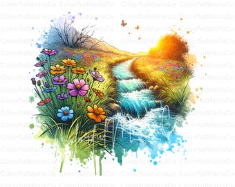 Wilde Natur mit Bach PNG, Landschaft Clip Art, Aquarell Bach, Waldlandschaft Digital Download, Natur Scrapbooking Papierhandwerk JPG