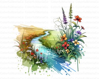 Wilde Natur mit Bach PNG, Landschaft Clip Art, Aquarell Bach, Waldlandschaft Digital Download, Natur Scrapbooking Papierhandwerk JPG