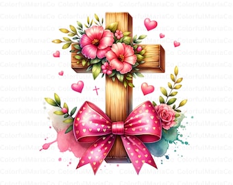 Cross PNG Clipart, Elegant Cross with Floral Arrangement and Bow, Digital Download for Christian Decor