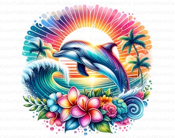 Dolphin Sunset PNG: Beach Clipart, Sublimation Design (Digital Download)