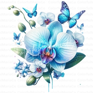 May include: A watercolour illustration of blue orchids and butterflies. The flowers are a gradient of light to dark blue, with touches of purple and white. Several blue butterflies are scattered around the flowers, and green leaves and buds are also present.