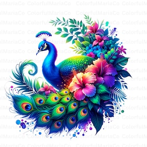 Watercolor Floral Peacock Clipart, Peacock PNG, Boho Peacock Art, Watercolor Bird, Peacock Feathers, Sublimation PNG, Digital Download