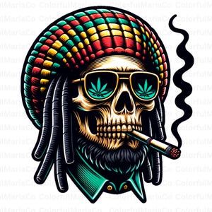 Op de afbeelding: Gedetailleerde illustratie van een schedel met een rood, geel en groene Rastafari-hoed. De schedel heeft een zonnebril met cannabisbladmotieven en rookt een sigaret. De afbeelding heeft een zwarte omtrek en een groen overhemd.