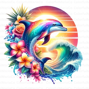 Lebendige Delfin-Sonnenuntergang-T-Shirt Design, digitaler Download, Ozean-Kunst, Sublimationsdruck, Tropischer Strand-Dekor, Sommer-Druck