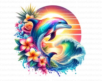 Vibrant Dolphin Sunset T Shirt Design, Digital Download, Ocean Art, Sublimation PNG, Tropical Beach Decor, Summer Print