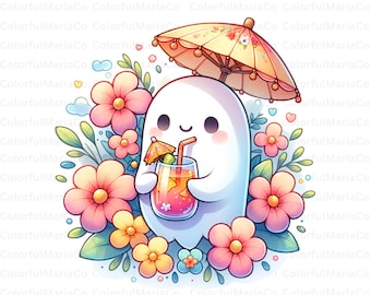 Läskigt på semester med drink PNG, Retro Ghost Svg, Söta Halloween-spöken Svg, Flickigt Halloween Svg, Söta spöken PNG-designer, Läskig stämning