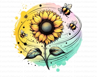 Vår PNG, akvarell solros PNG, vår Clipart, bi PNG, sommar Clipart, solrosor Clipart, digital nedladdning, bin, sublimeringsdesign