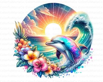 Vibrant Dolphin Sunset T Shirt Design, Digital Download, Ocean Art, Sublimation PNG, Tropical Beach Decor, Summer Print