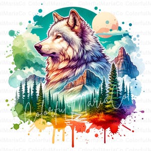 Akwarelowy wilk Klipart, Grafika leśnego wilka, Mistyczny wilk Klipart, Wysokiej jakości obrazy, Sztuka leśnej przyrody, Materiały do druku do użytku komercyjnego