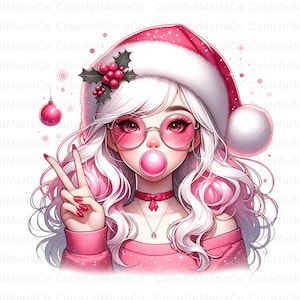 Bonita chica navideña con chicle, chica con chicle, clipart, imagen femenina retro, chica vintage, gráfico, chicle PNG