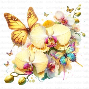 Puede incluir: Ilustración en acuarela de orquídeas amarillas y mariposas. La imagen presenta varias orquídeas con pétalos blancos y centros morados, junto con múltiples mariposas en tonos amarillos, azules y morados. La obra de arte tiene una calidad suave y soñadora.