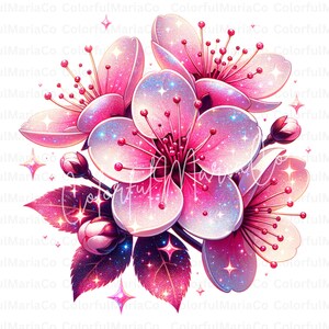 May include: A digital illustration of pink cherry blossoms with sparkling accents. The image features several open flowers, buds, and leaves in shades of pink and purple, with a white background. The text "ColorfulMariaCo" is visible.