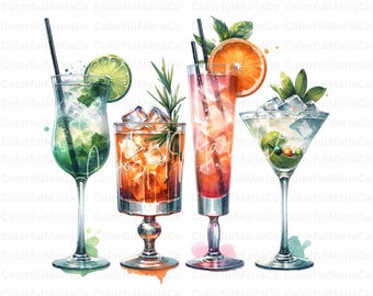 Watercolour Cocktail Clipart, Signature Cocktail, Alcohol Illustrations, Non Alcoholic Drinks, Beers Clipart, Beverage Clipart