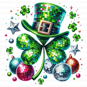 以下が含まれることがあります： 緑色のレプラコーンの帽子と四つ葉のクローバーが特徴の、お祝いの聖パトリックの日のデザイン。どちらもモザイクのような質感です。画像には、ディスコボールのオーナメント、銀色の星、シャムロックが白い背景に描かれています。