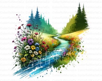 Wilde Natur mit Bach PNG, Landschaft Clip Art, Aquarell Bach, Waldlandschaft Digital Download, Natur Scrapbooking Papierhandwerk JPG