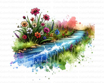 Wilde Natur mit Bach PNG, Landschaft Clip Art, Aquarell Bach, Waldlandschaft Digital Download, Natur Scrapbooking Papierhandwerk JPG