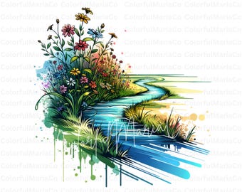 Wilde Natur mit Bach PNG, Landschaft Clip Art, Aquarell Bach, Waldlandschaft Digital Download, Natur Scrapbooking Papierhandwerk JPG
