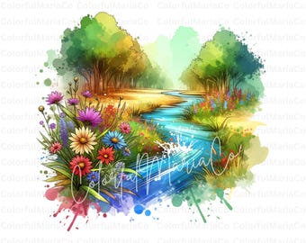 Wilde Natur mit Bach PNG, Landschaft Clip Art, Aquarell Bach, Waldlandschaft Digital Download, Natur Scrapbooking Papierhandwerk JPG