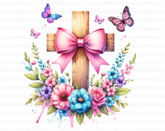 Cross with wild flowers PNG Clipart, Elegant Cross with Floral Arrangement and Bow, butterfly png ,Digital Download for Christian Decor