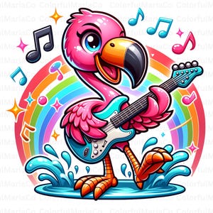 Flamingo Playing Quitar PNG, Tropical Summer PNG, Summer Sublimation File, Girls Summer Shirt Designs, Floral Flamingo Clipart PNG