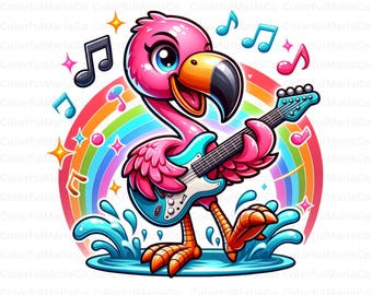 Flamingo Playing Quitar PNG, Tropical Summer PNG, Summer Sublimation File, Girls Summer Shirt Designs, Floral Flamingo Clipart PNG