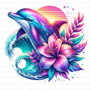 Lebendige Delfin-Sonnenuntergang-T-Shirt Design, digitaler Download, Ozean-Kunst, Sublimationsdruck, Tropischer Strand-Dekor, Sommer-Druck