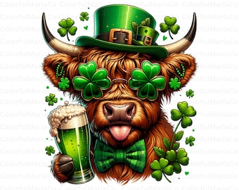 St Patrick's Day Highland Cow with Beer PNG (Digital Download)