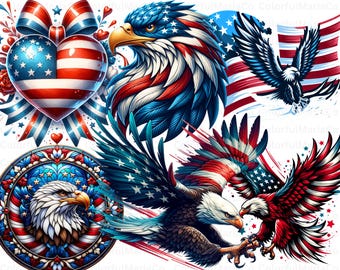 Paquete de imágenes prediseñadas de águila patriótica de EE. UU., imágenes prediseñadas de águila americana, impresión digital del 4 de julio, sublimación, descarga digital, uso comercial