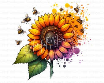 Akvarell solros PNG, bi Clipart, vårsommardesign (digital nedladdning)