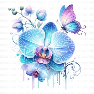 May include: A watercolour illustration featuring blue orchids and a butterfly. The flowers display detailed patterns and a gradient of blue shades, with hints of purple and pink. A butterfly with purple and blue wings is perched on the flowers. The image has a delicate, artistic quality.