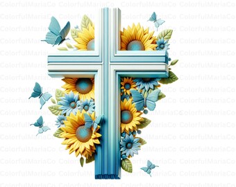 Blue cross with sunflowers PNG Clipart, Elegant Cross with Floral Arrangement and Bow, Digital Download for Christian Decor