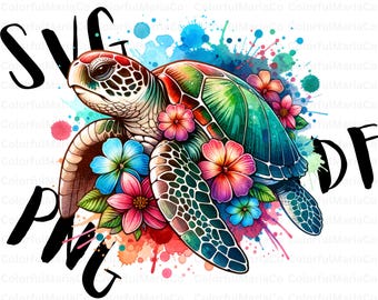 Colorful Turtle Png, Sublimation Design, Summer Png, Ocean Sublimation, Tropical Flowers Png, T-Shirt Design, Instant Digital Download Png