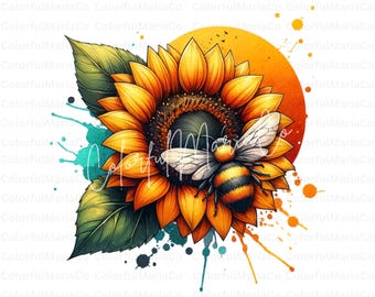 Akvarell solros och bi PNG Clipart, vår-sommardesign (digital nedladdning)