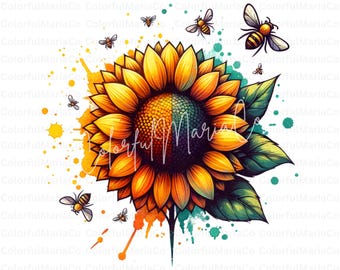Vår PNG, akvarell solros PNG, vår Clipart, bi PNG, sommar Clipart, solrosor Clipart, digital nedladdning, bin, sublimeringsdesign