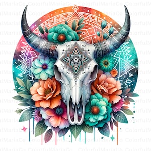 Tête de mort de taureau PNG, tête de mort de vache PNG, déco sud-ouest, tête de mort de vache murale, tête de mort de vache peinte, décoration murale succulente, plantes succulentes, tête de mort de vache en résine, tête de mort