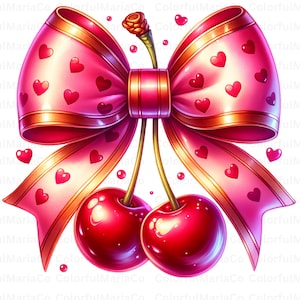 Coquette Cherry Bow Clipart, Watercolor Cherries with Pink Ribbon, Digital Download for Crafts and Journals, Cute Aesthetic Design