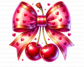 Coquette Cherry Bow Clipart, Watercolor Cherries with Pink Ribbon, Digital Download for Crafts and Journals, Cute Aesthetic Design