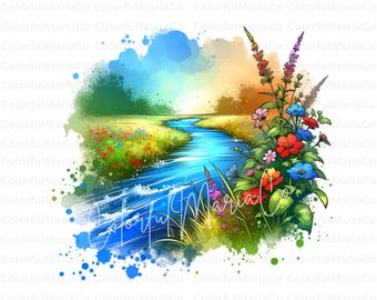 Wilde Natur mit Bach PNG, Landschaft Clip Art, Aquarell Bach, Waldlandschaft Digital Download, Natur Scrapbooking Papierhandwerk JPG