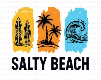 Retro Beach Graphic With Surfboards, Palm Trees, And Waves Png,Salty Beach Sublimation Design, Retro Beach PNG, Tropical Surf Clipart