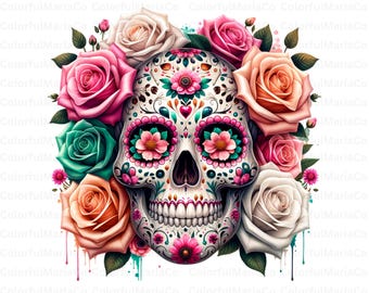 Calavera de azúcar en acuarela PNG, Calavera de azúcar con rosas, Calavera de azúcar, Día de los Muertos PNG, Día de los Muertos PNG, Uso comercial