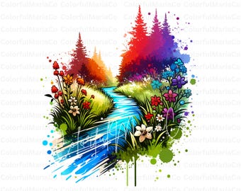 Wilde Natur mit Bach PNG, Landschaft Clip Art, Aquarell Bach, Waldlandschaft Digital Download, Natur Scrapbooking Papierhandwerk JPG
