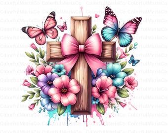 Cross with wild flowers PNG Clipart, Elegant Cross with Floral Arrangement and Bow, butterfly png ,Digital Download for Christian Decor