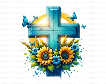Blue cross with sunflowers PNG Clipart, Elegant Cross with Floral Arrangement and Bow, Digital Download for Christian Decor