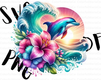 Vibrant Dolphin Sunset T Shirt Design, Digital Download, Ocean Art, Sublimation PNG, Tropical Beach Decor, Summer Print