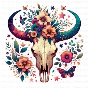 Tête de mort de taureau PNG, tête de mort de vache PNG, décoration sud-ouest png, tête de mort de vache murale, tête de mort de vache peinte, décoration murale succulentes, plantes succulentes