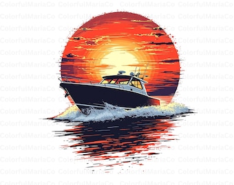 Boat Fishing In Sunset Clipart, Fishing Boat Clipart, Fishing Rod Clipart, Fisherman, Printable Watercolor Clipart, High Quality JPG