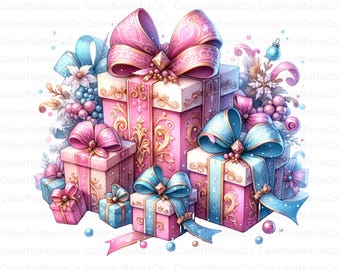 Gift Boxes Clipart, Wrapped Gifts Images, 10 Watercolor Clip Art, Printable JPGs, Instant Download, Commercial Use, Paper craft