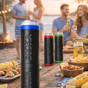 May include: Black and blue insulated can coolers with the word "Zooka" and "Slim" printed on them. The image shows people enjoying drinks and food outdoors. Other coolers are red and green.