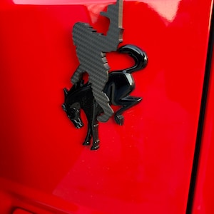 May include: A black and carbon fiber emblem of a person riding a horse, set against a bright red background. The emblem is a stylized silhouette, with the rider holding a flag. The horse is rearing up on its hind legs.